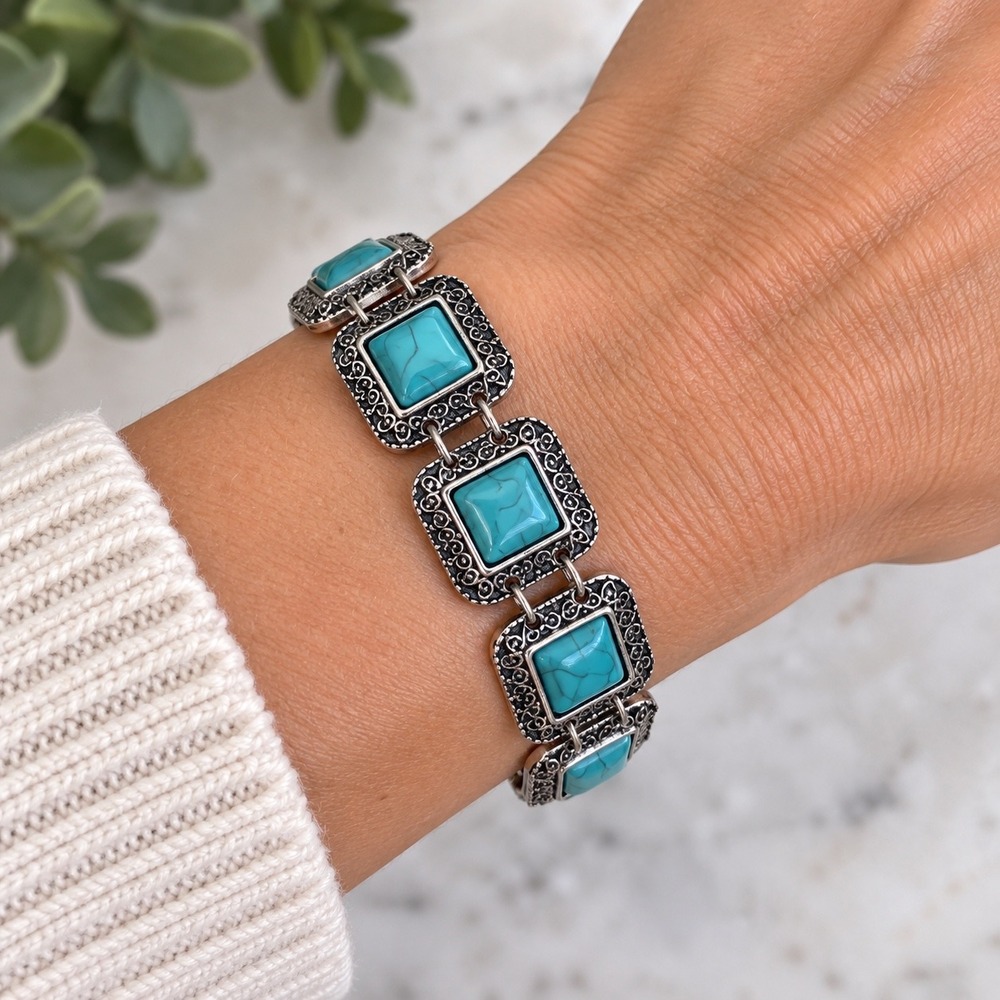 Turquoise Inspired Filigree Bracelet Silver Tone Adjustable Boho Western